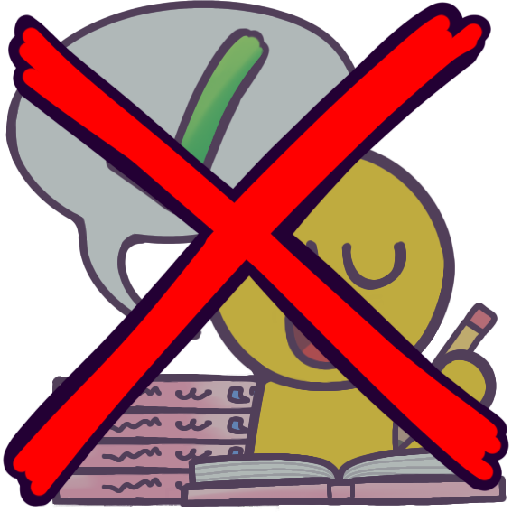 a grayed out symbol of an emoji-yellow person writing in an open pink book. there are four copies of the book next to them. a speech bubble with a check mark is coming from them. the whole symbol has a big red x over it